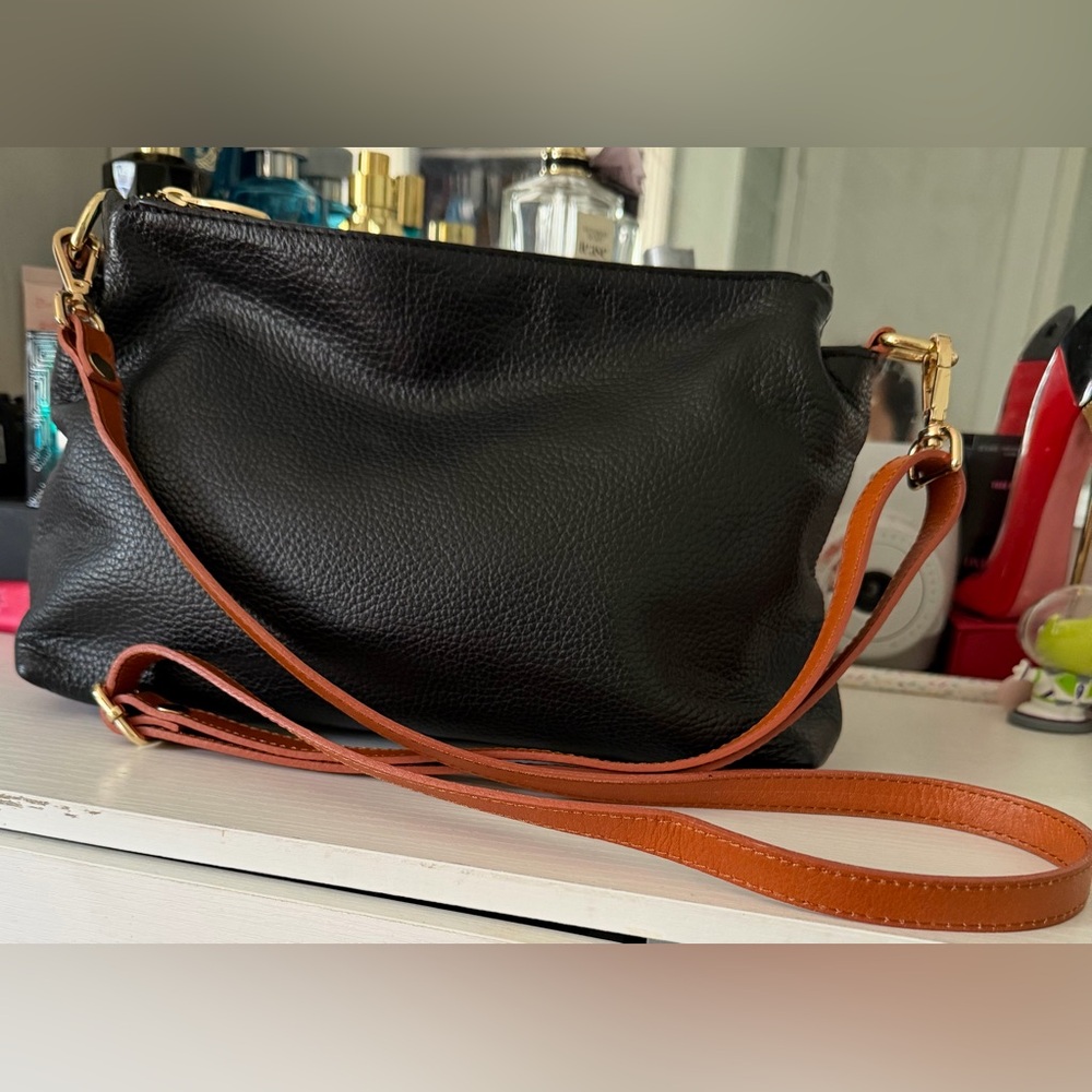 Valentina Black Crossbody Bag with Tan Strap